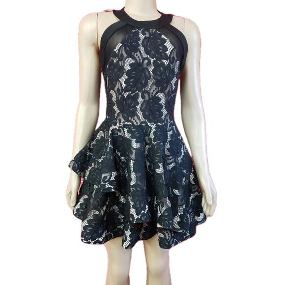 Trac Dresses & Skirts - Trac High Neck Fit & Flare Nude Black Lace Laywred Dress Woman's Size M #CB5